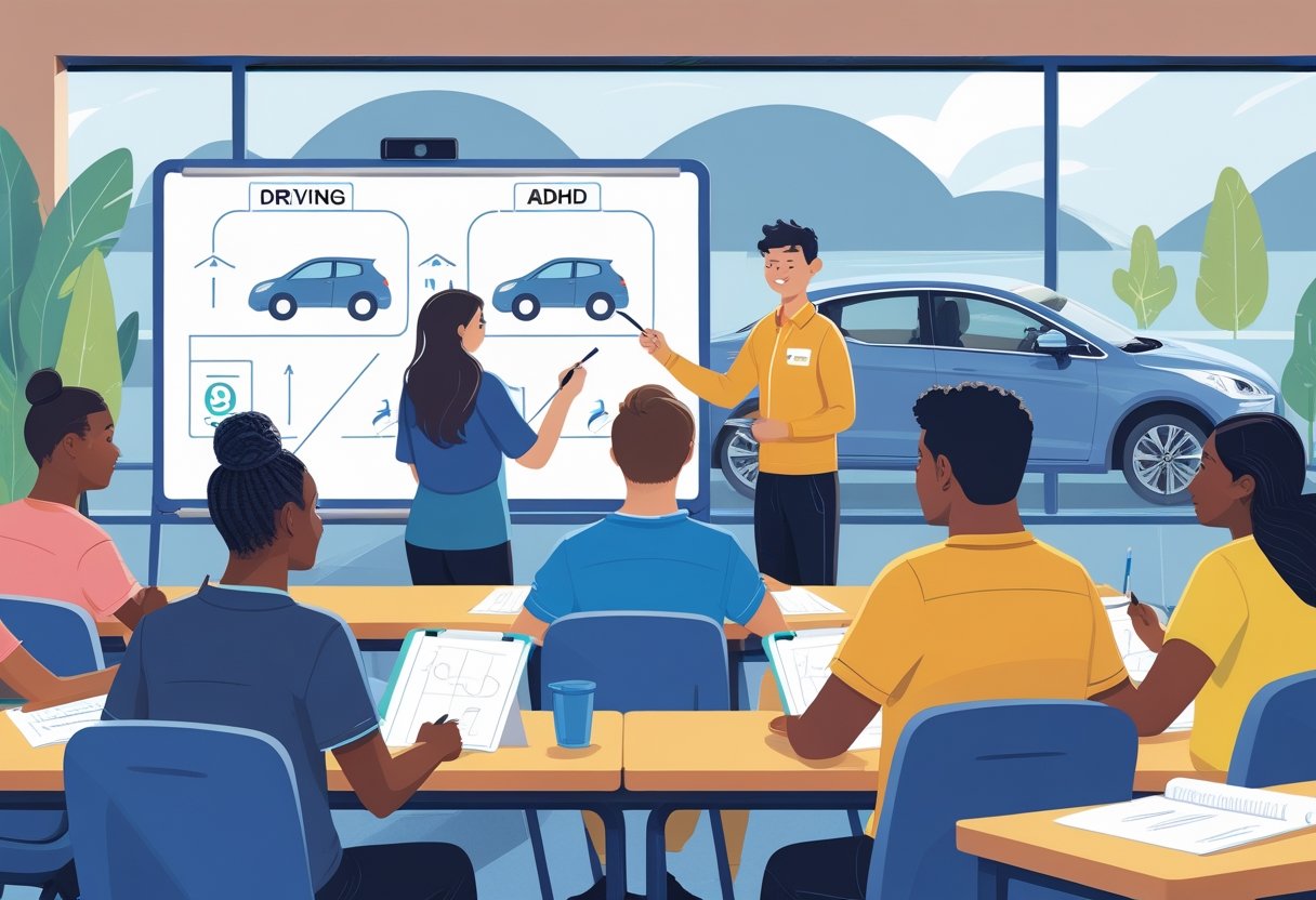 A group of people in a calm classroom learning about driving with a supportive instructor and a car visible through a window.