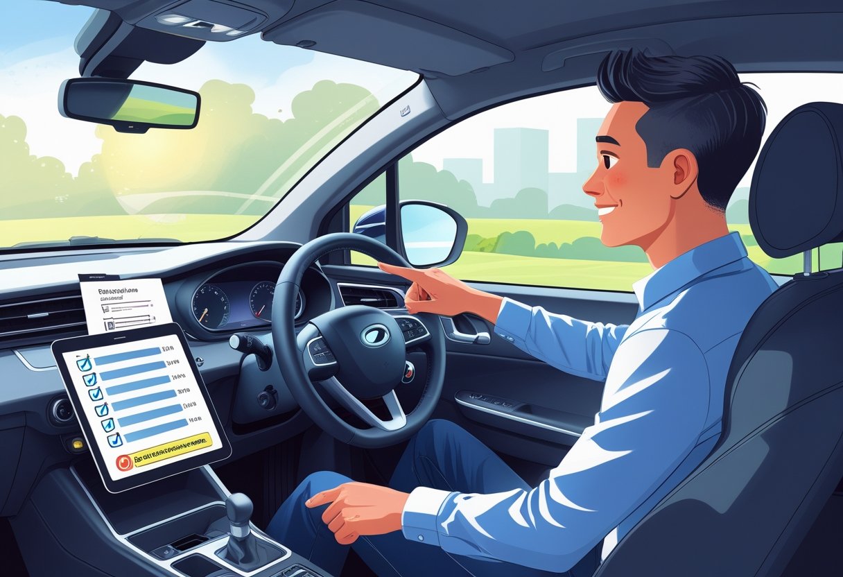 A young adult learner in a car with a driving instructor showing a tablet, both focused and calm during a driving lesson.