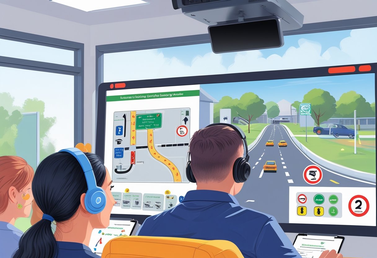 A driving instructor teaching a small group of learners with autism in a calm and supportive classroom using a driving simulator and visual road signs.