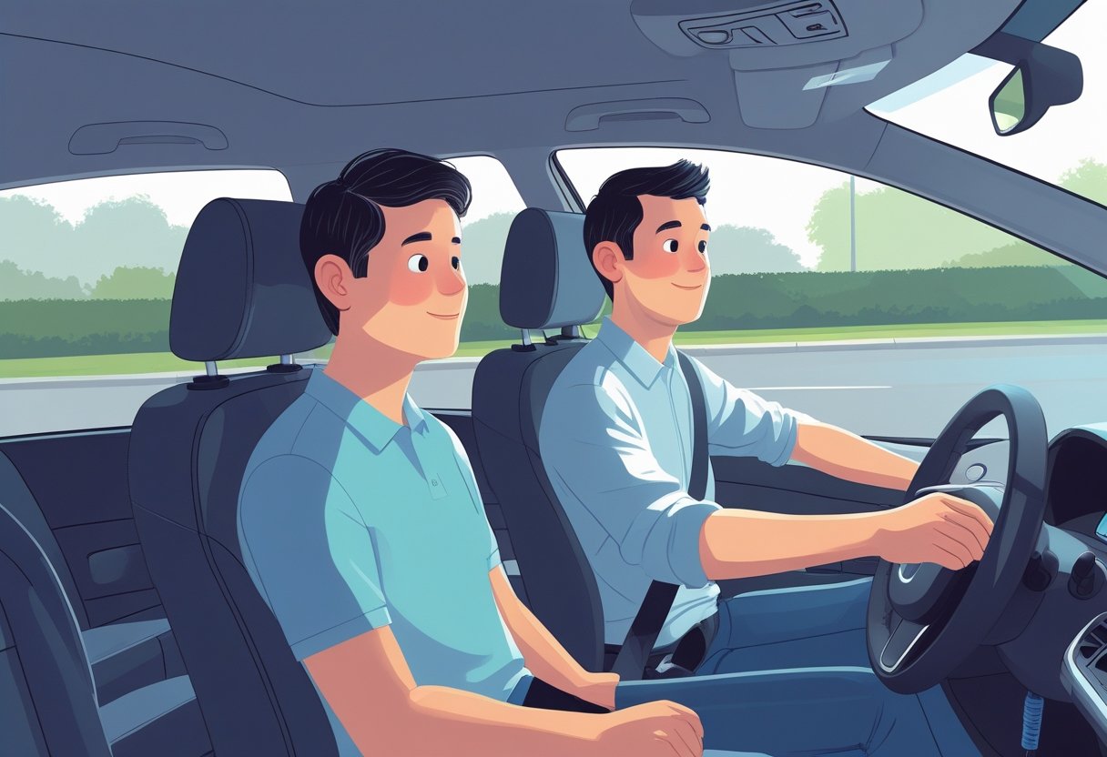 A driving instructor and learner in a car on a quiet suburban street, both looking focused and calm during a driving lesson.