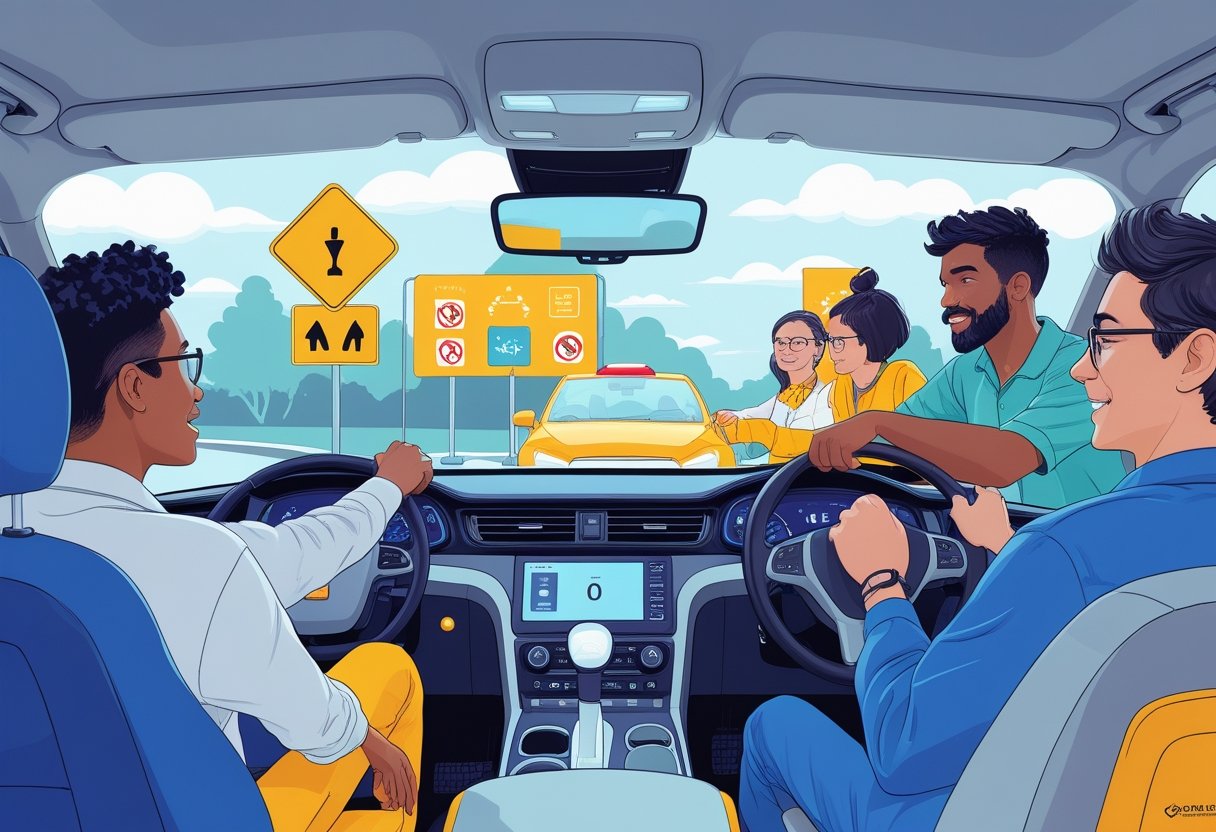 A group of people with autism participating in a driving lesson with an instructor in a calm and supportive learning environment.