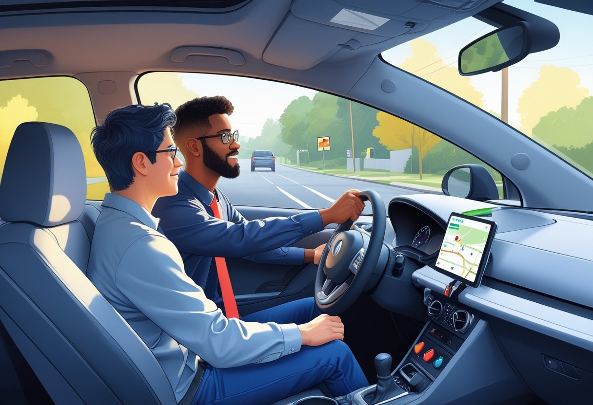 A driving instructor calmly guiding a young adult learner with autism inside a car on a quiet suburban street.