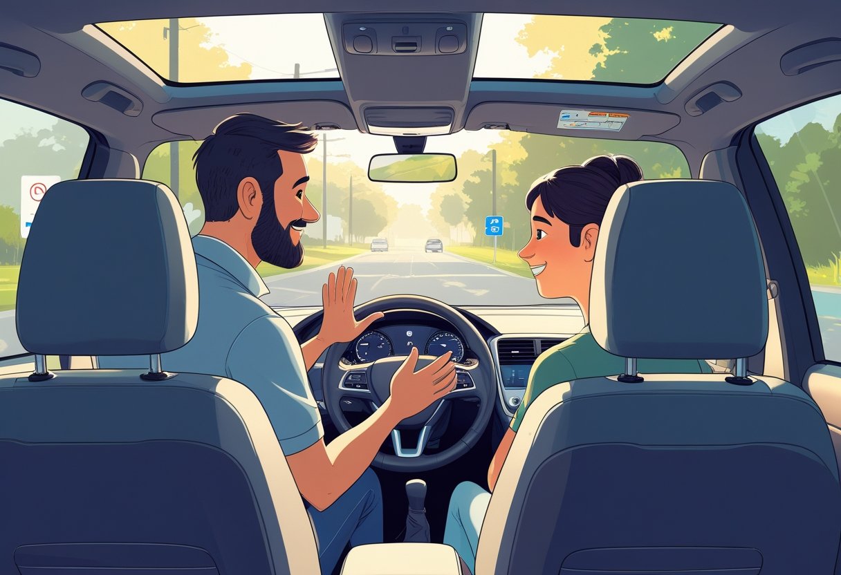A driving instructor and learner sitting in a car on a quiet suburban street, showing a calm and supportive driving lesson.