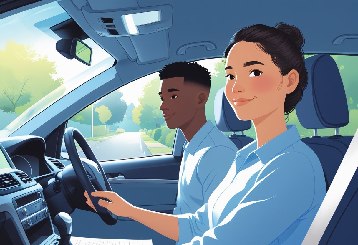 A driving instructor and a learner sit inside a car on a quiet suburban street, both appearing calm and focused during a supportive driving lesson.