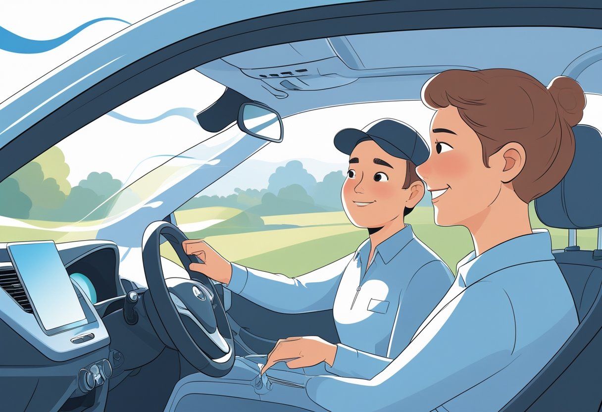 A driving instructor calmly talks with a learner inside a car, set in a peaceful suburban area, showing support for someone with PTSD learning to drive.