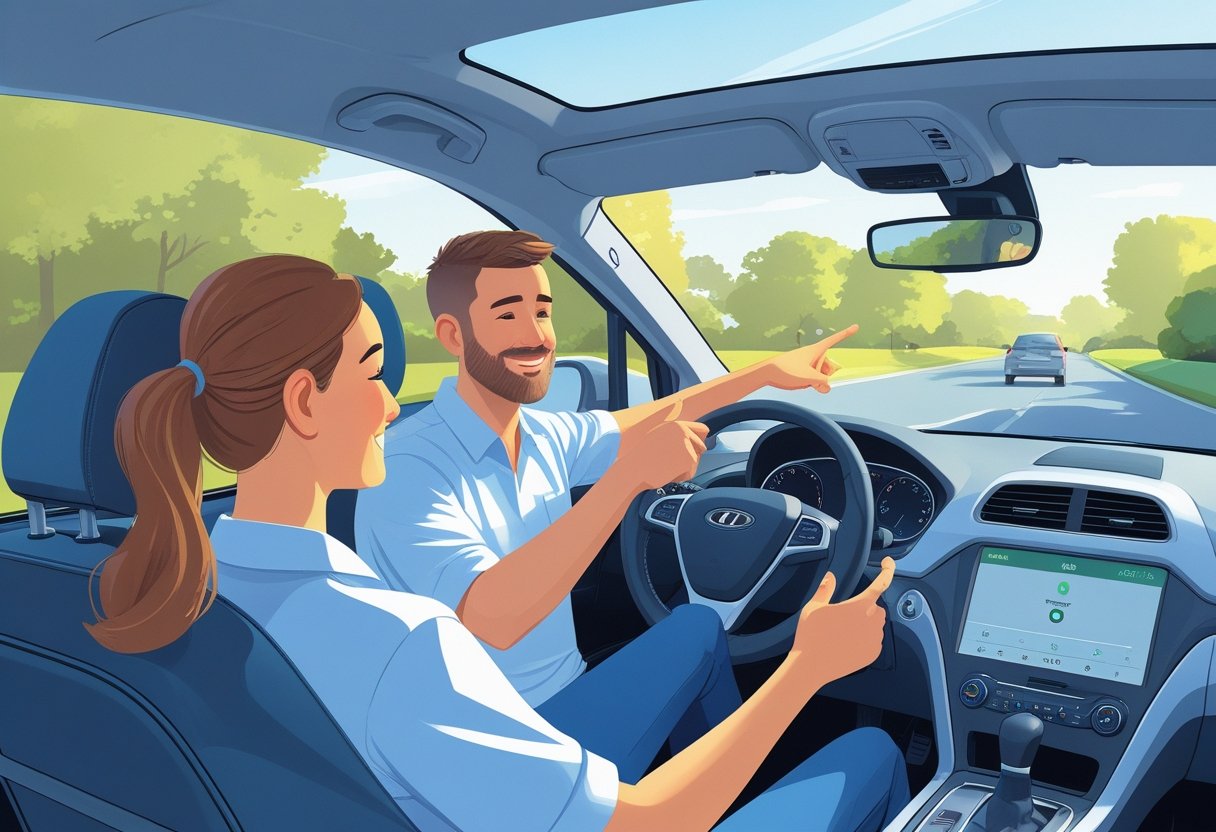 A driving instructor and learner sit inside a car on a quiet suburban street, with the instructor calmly guiding the attentive learner.