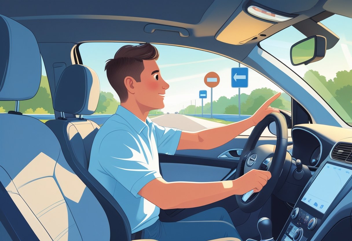 A learner driver receiving guidance from an instructor inside a car on a quiet suburban street.