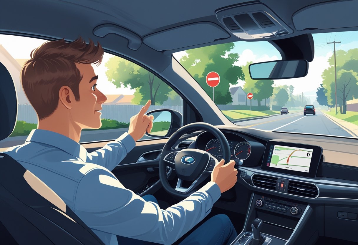 A driving instructor calmly guiding a nervous learner driver inside a car on a quiet suburban street.