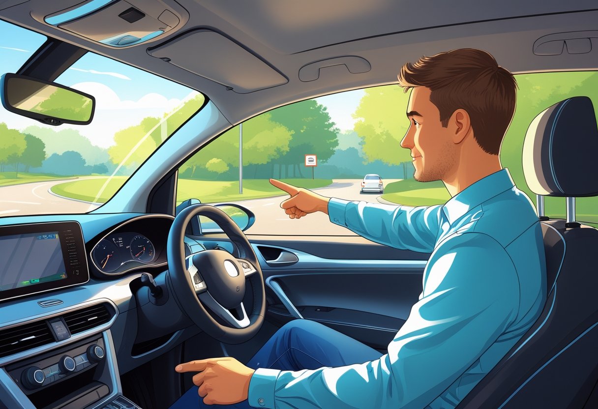 A driving instructor calmly guiding a nervous learner driver inside a car on a quiet suburban street.