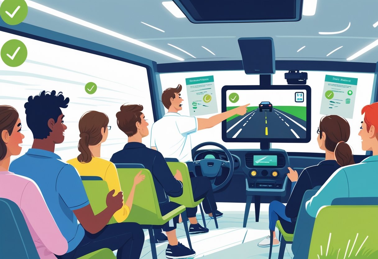 A group of learner drivers in a classroom with an instructor showing a driving simulator screen, creating a calm and encouraging atmosphere.