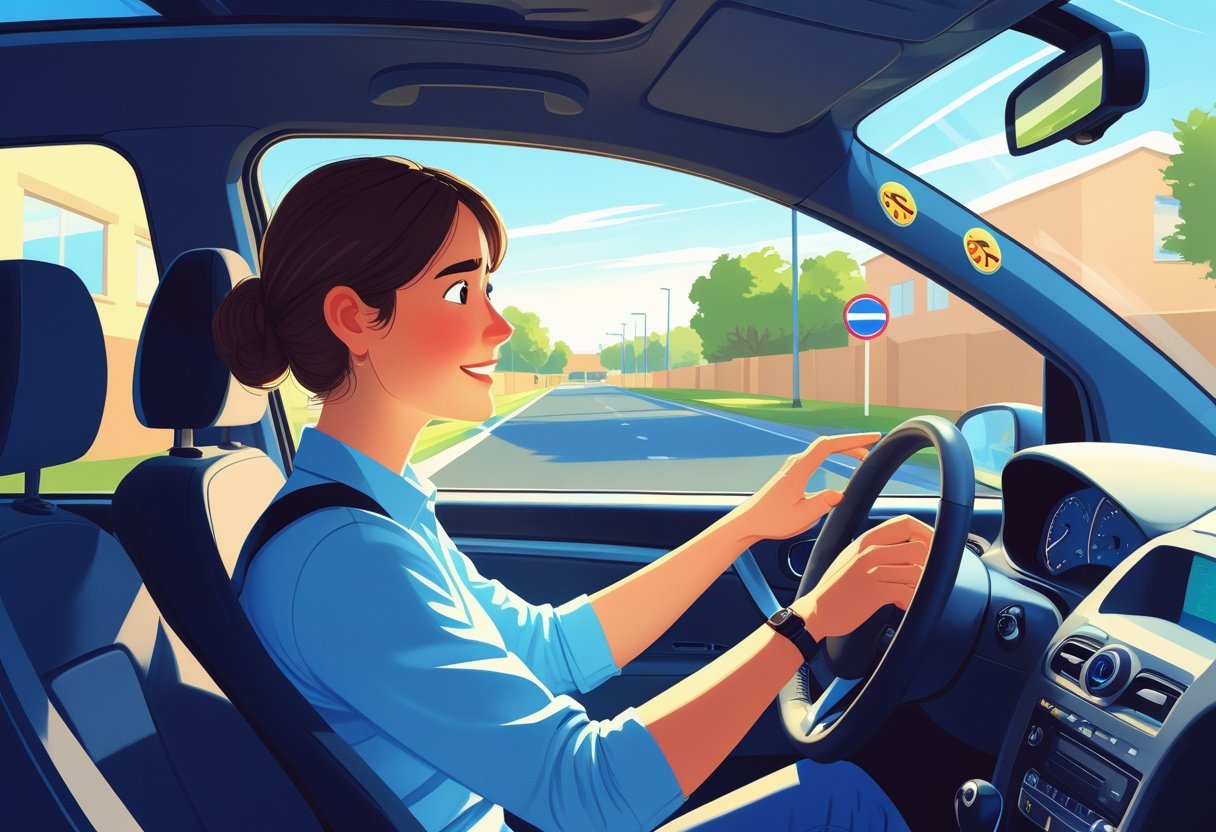 A driving instructor calmly supporting a nervous learner driver inside a car on a quiet suburban street.