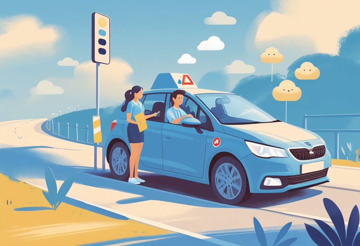 A learner driver receiving guidance from an instructor inside a car, showing growing confidence while driving on a clear road.