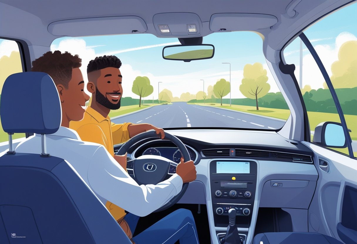 A driving instructor and a learner driver sitting inside a car on a quiet suburban street, with the instructor offering calm support as the learner drives.
