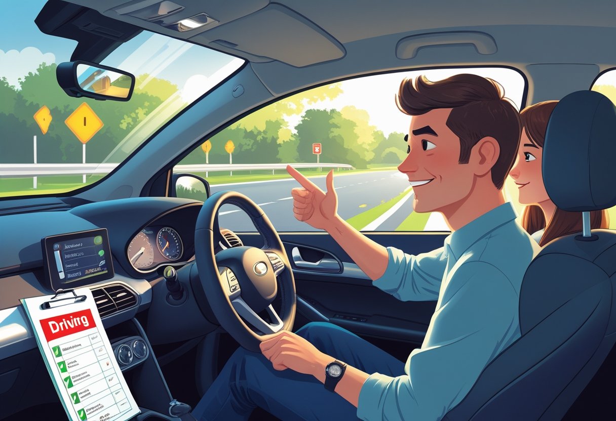 A learner driver receiving supportive guidance from a driving instructor inside a car on a quiet road.