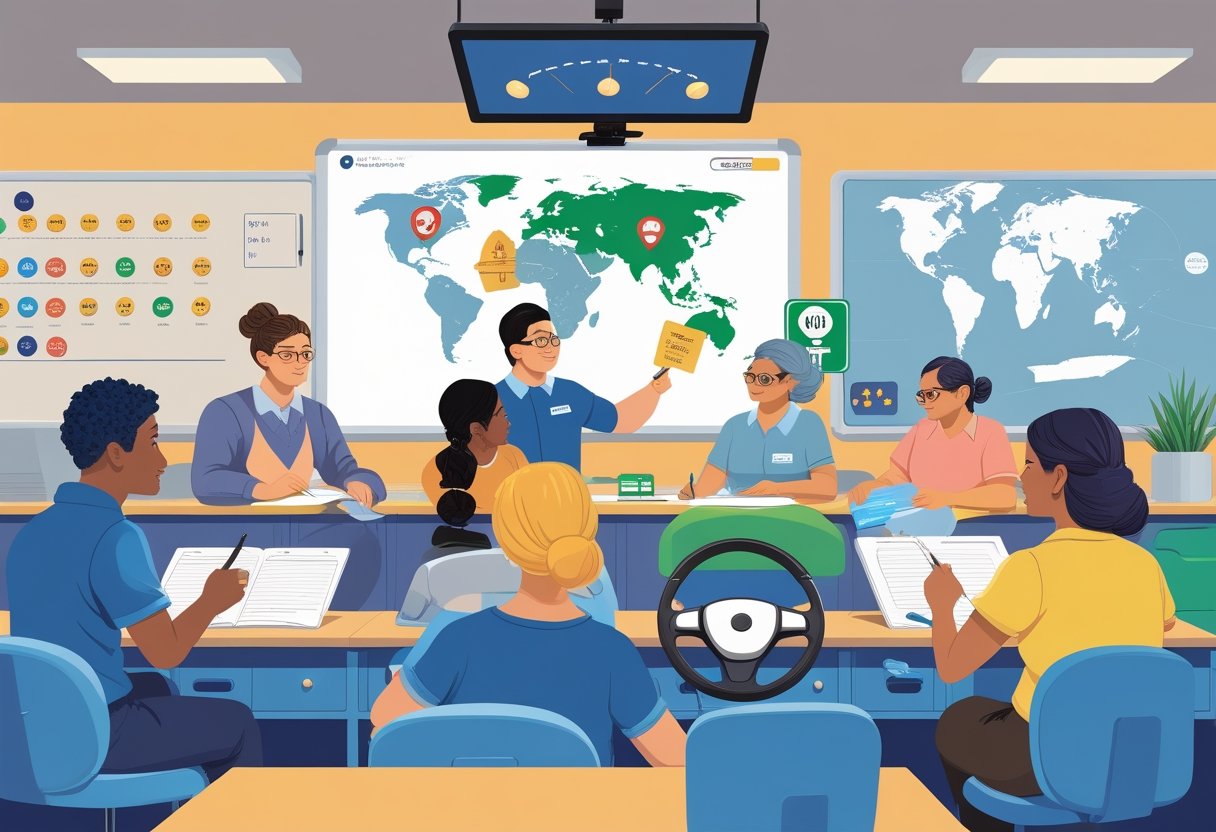 A group of diverse adult learners attentively participating in a driving course with an instructor in a classroom setting.