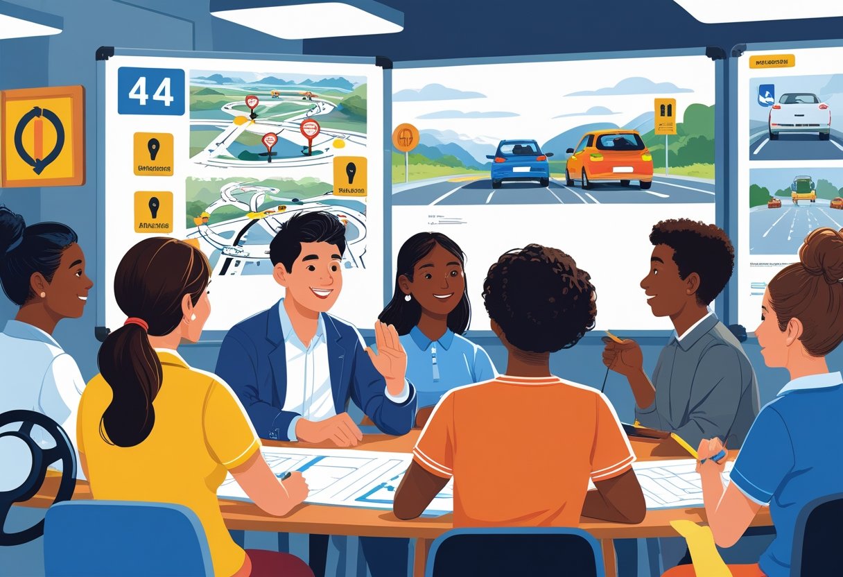 A diverse group of people learning driving skills from an instructor in a classroom setting with driving materials.