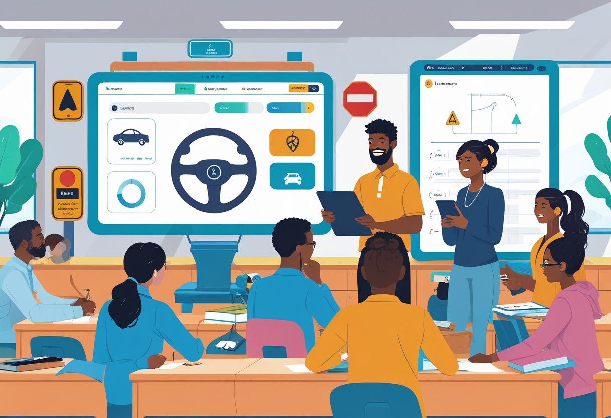 A diverse group of adult learners attentively participating in a driving course with an instructor in a bright classroom featuring driving-related visuals.