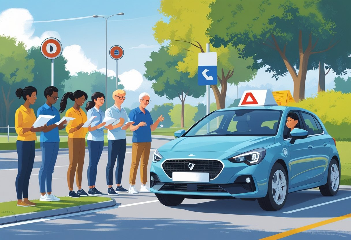 A group of adult learners listening to a driving instructor beside a car in a driving school parking lot on a quiet suburban street.