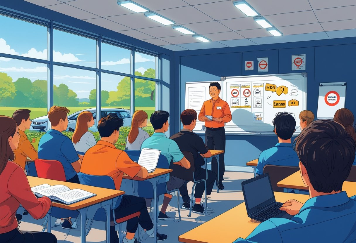 A group of international students in a classroom learning about driving with an instructor and a driving school car outside the window.