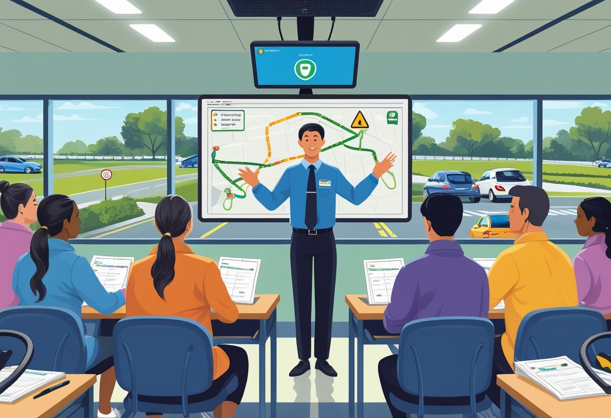 A driving school classroom with a bilingual instructor teaching a diverse group of adult students, with a driving practice area visible outside the window.