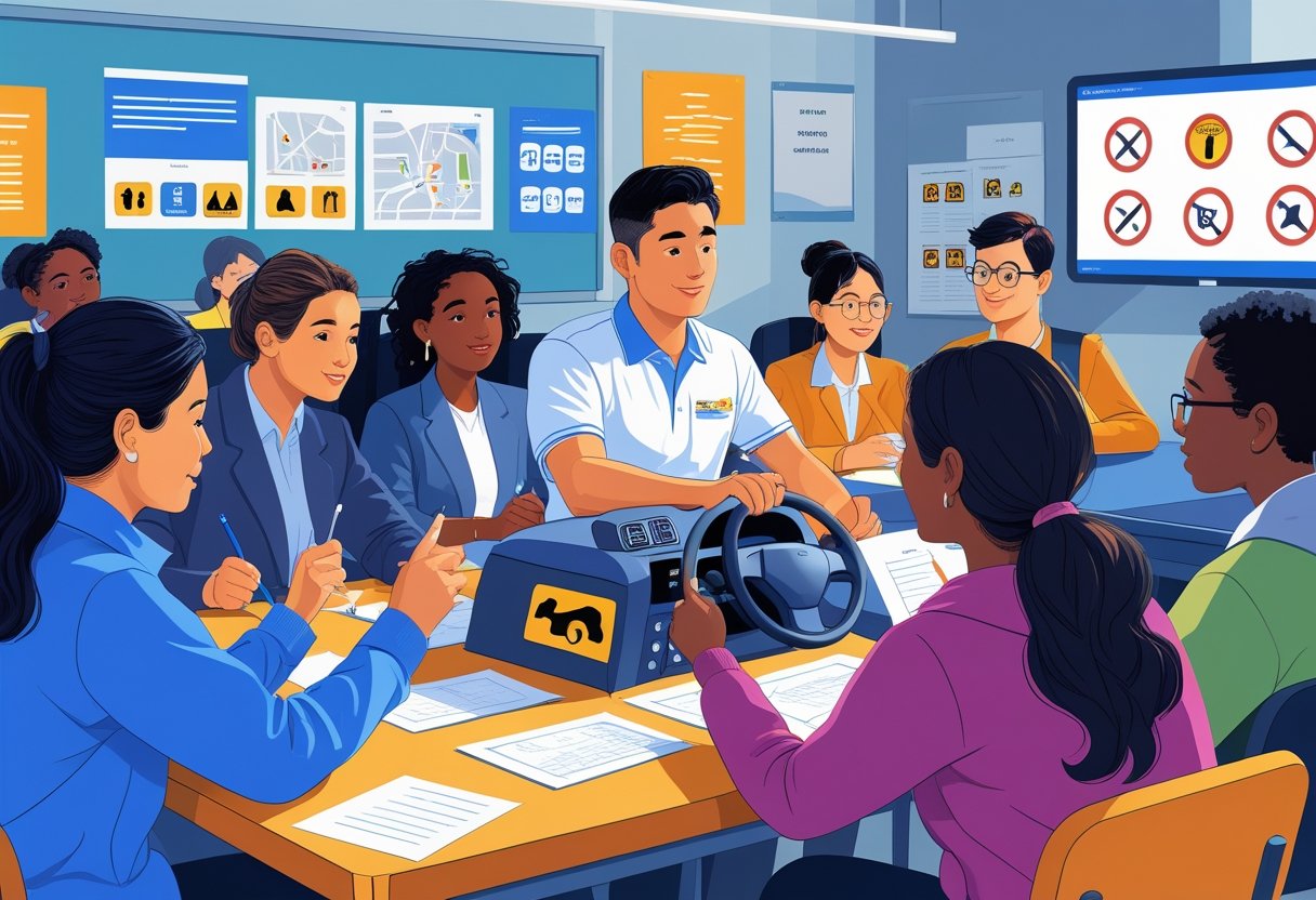 A group of adult students learning driving skills from a bilingual instructor in a classroom with driving-related materials.