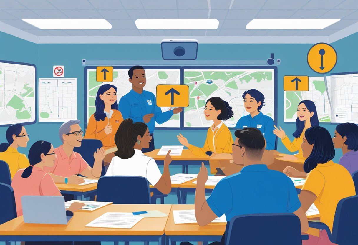 A diverse group of adult learners and bilingual instructors in a bright classroom using driving simulators and visual aids to learn driving skills together.