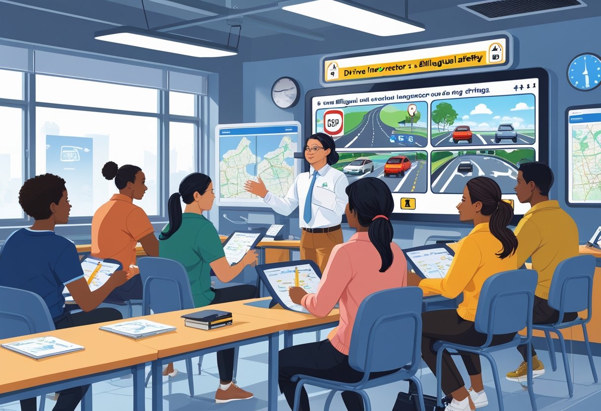 A driving instructor teaching a diverse group of adult students in a bright classroom with driving simulators and traffic signs.