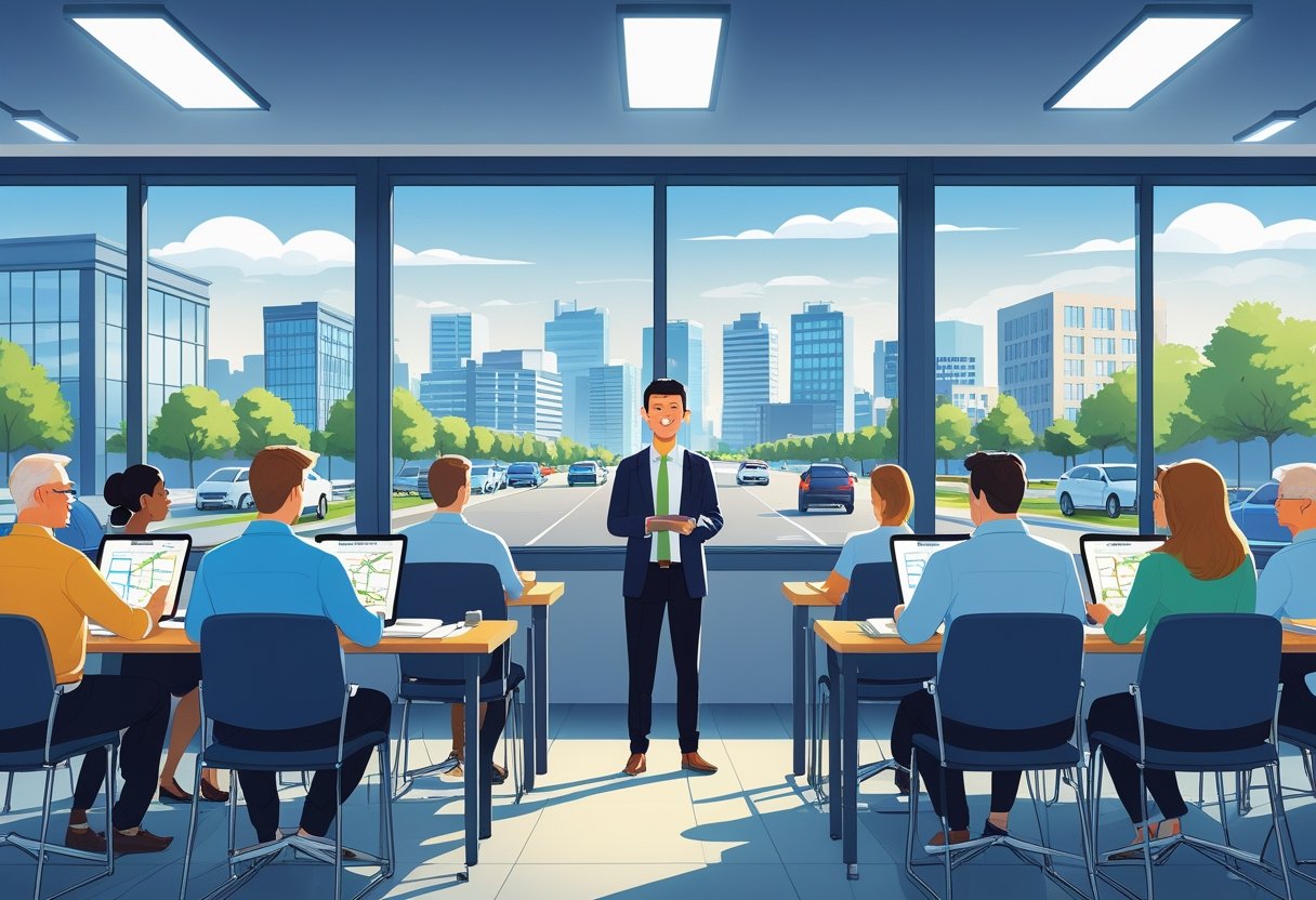 Adults in a classroom learning to drive, with an instructor and a city view outside the window.