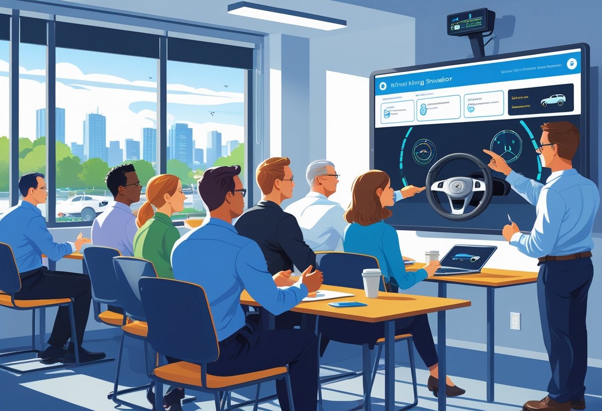 A group of adults attending a driving course in a classroom with a driving simulator on a screen and a cityscape visible through the window.