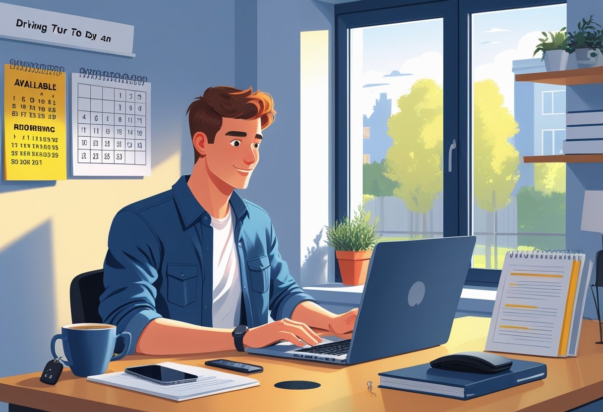 A person sitting at a desk using a laptop to book a driving course, with a calendar, car key, and learner driver handbook nearby.