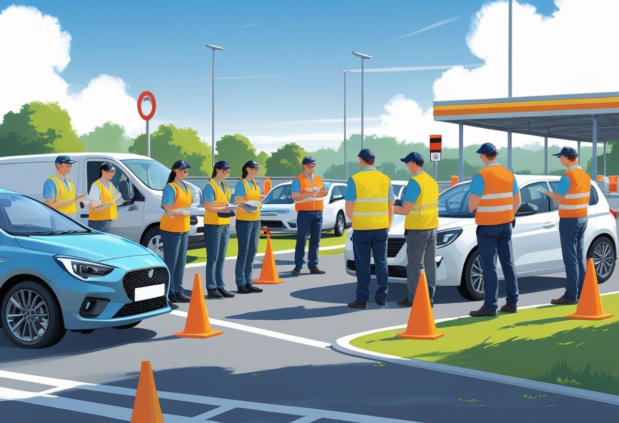 A group of shift workers learning to drive in a training area with vehicles, traffic cones, and road signs.