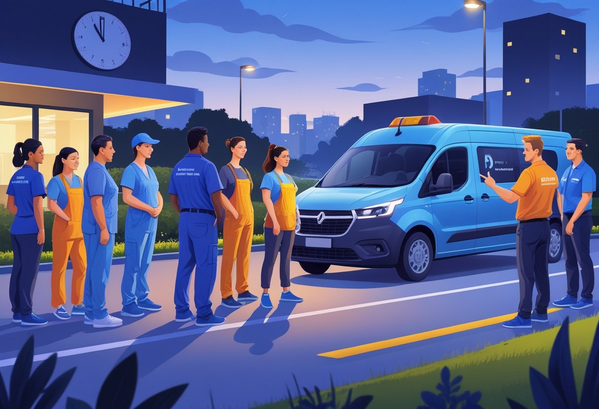 A group of diverse shift workers in various uniforms gathered around a driving instructor and a driving school car in an urban setting during early morning or evening.