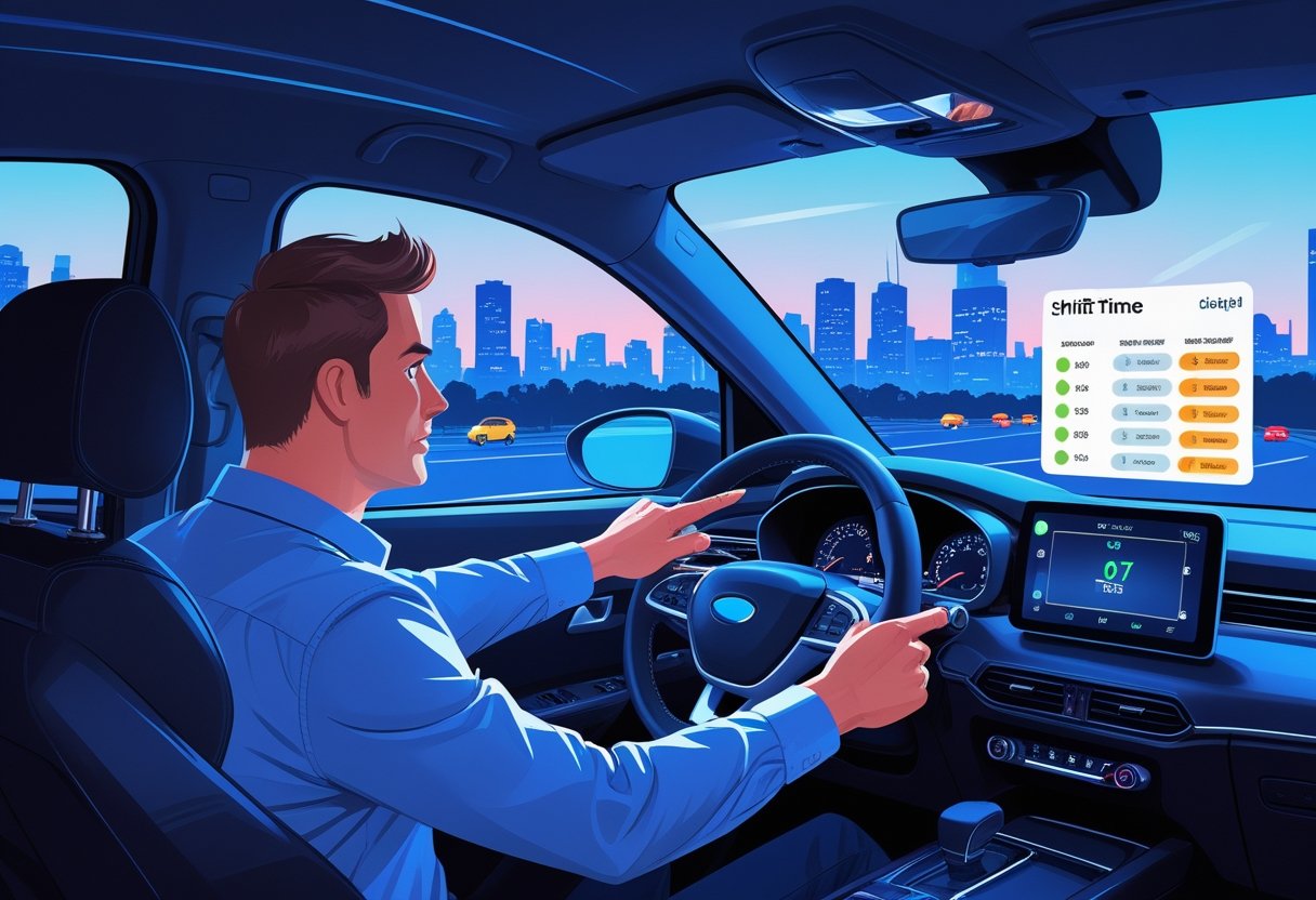 A driving instructor and learner inside a car, with a city skyline outside showing night turning to day, symbolising shift work and focused driving training.