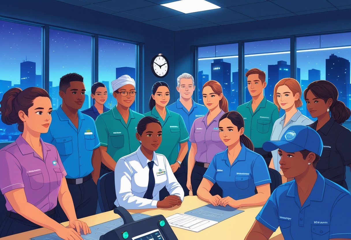 A group of shift workers in uniforms attending a driving training session with an instructor, showing a supportive learning environment with clocks and a night cityscape outside.