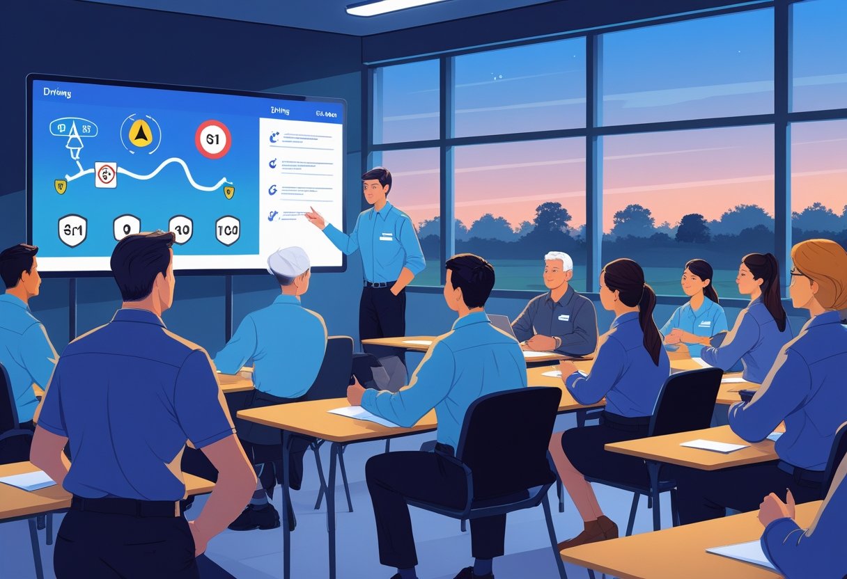 A group of shift workers in a classroom learning about driving with an instructor pointing at a screen showing driving visuals.
