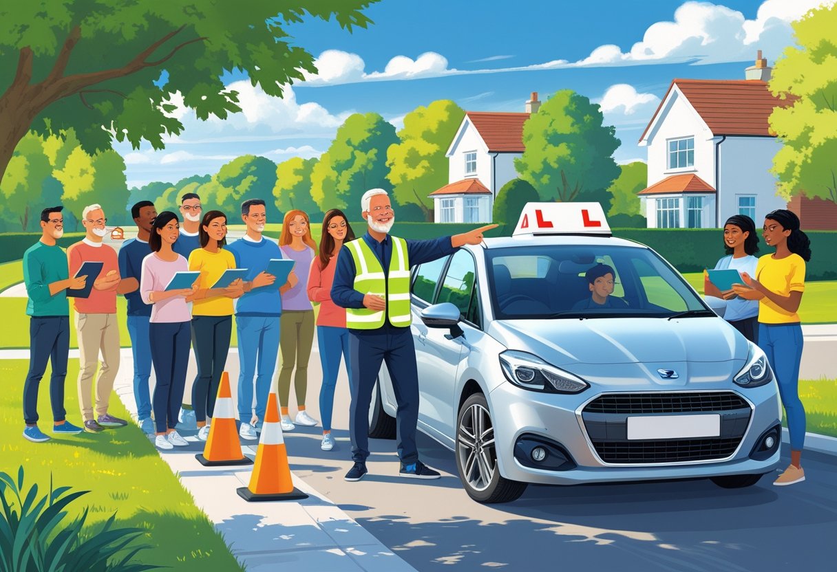 A group of adult learners listening to a driving instructor beside a driving school car on a quiet suburban road with cones and signs set up.