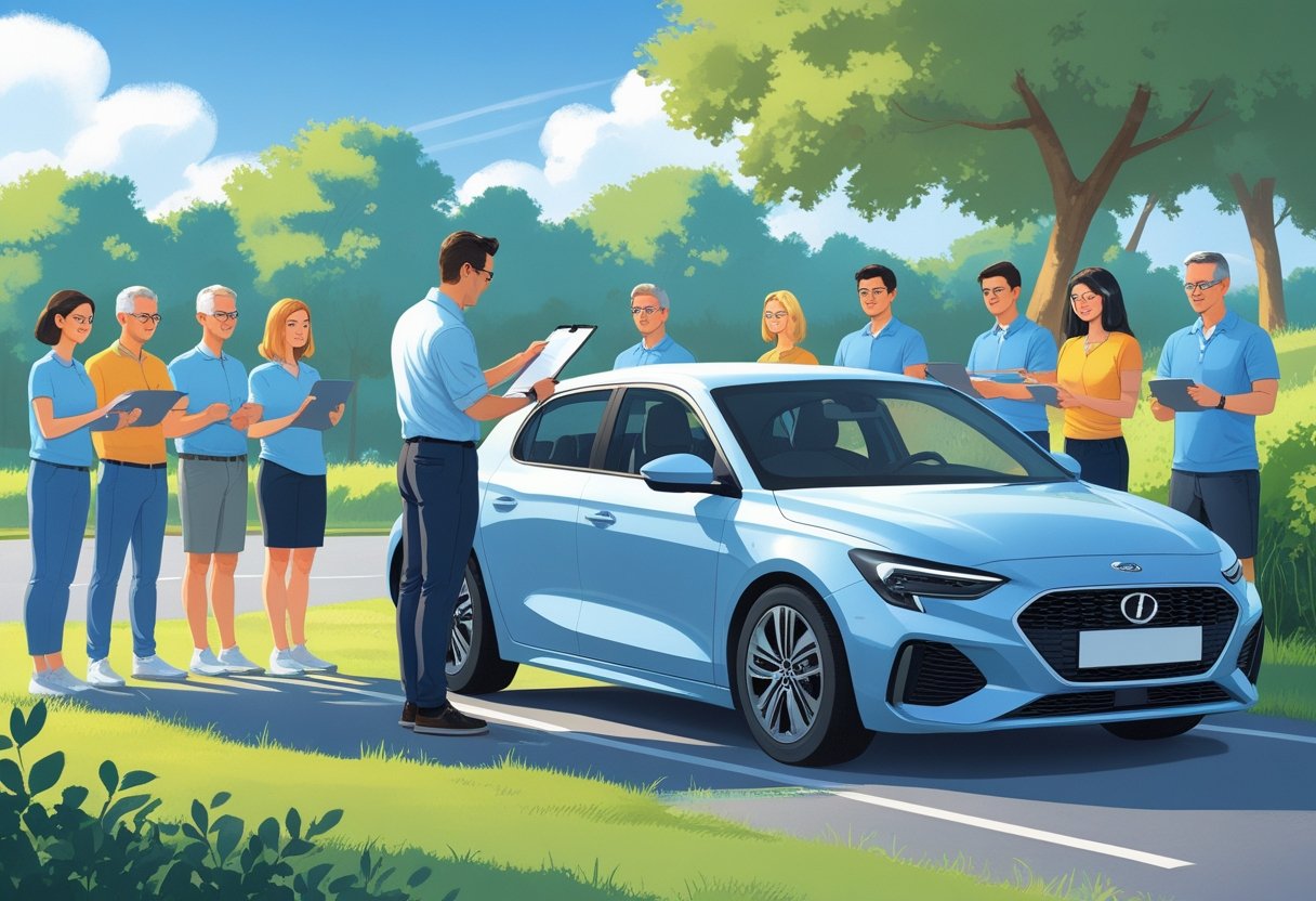 A group of adult learners with an instructor around a car and driving simulator outdoors on a clear day, focusing on a weekend driving course.