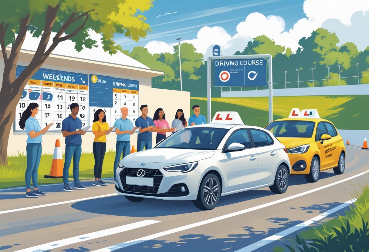 A group of adult learners receiving driving instruction outdoors with a car and instructor, showing a supportive weekend driving course setting.