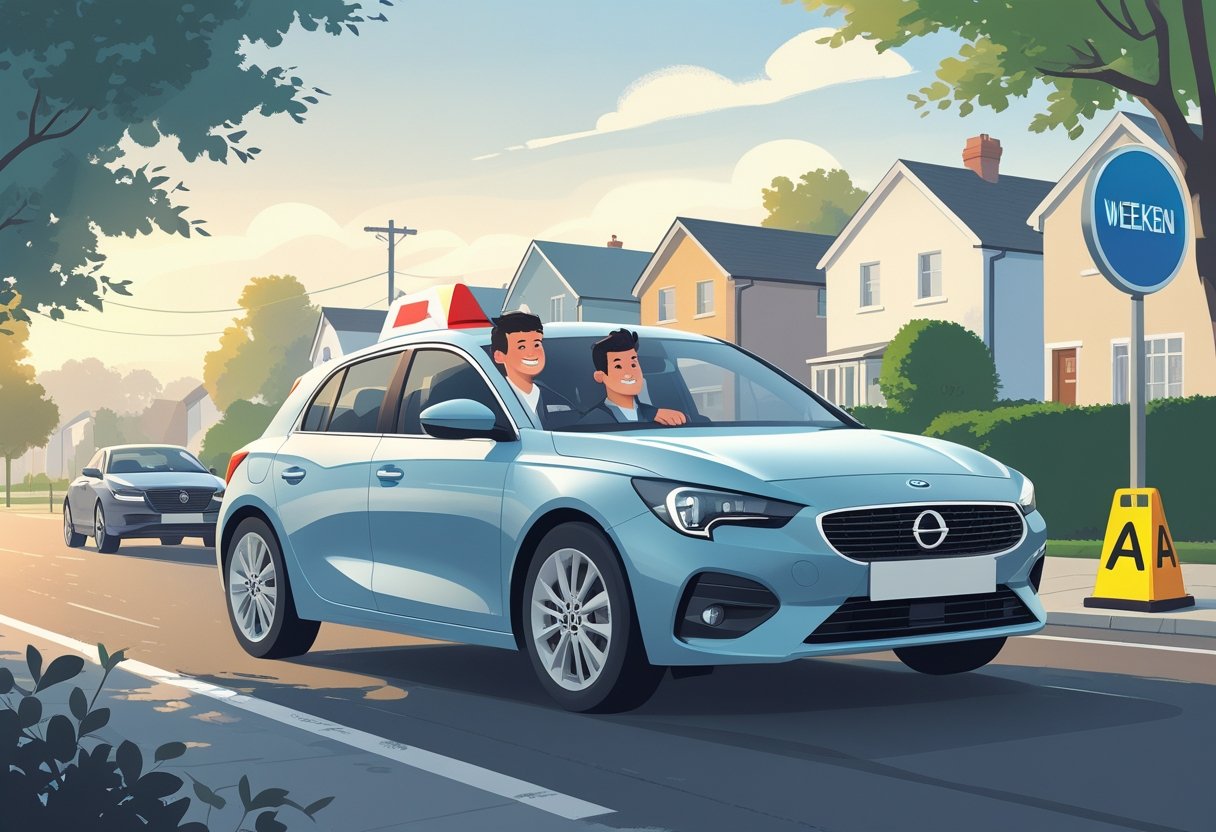 A learner driver and instructor in a car on a quiet suburban street during a sunny weekend morning driving lesson.