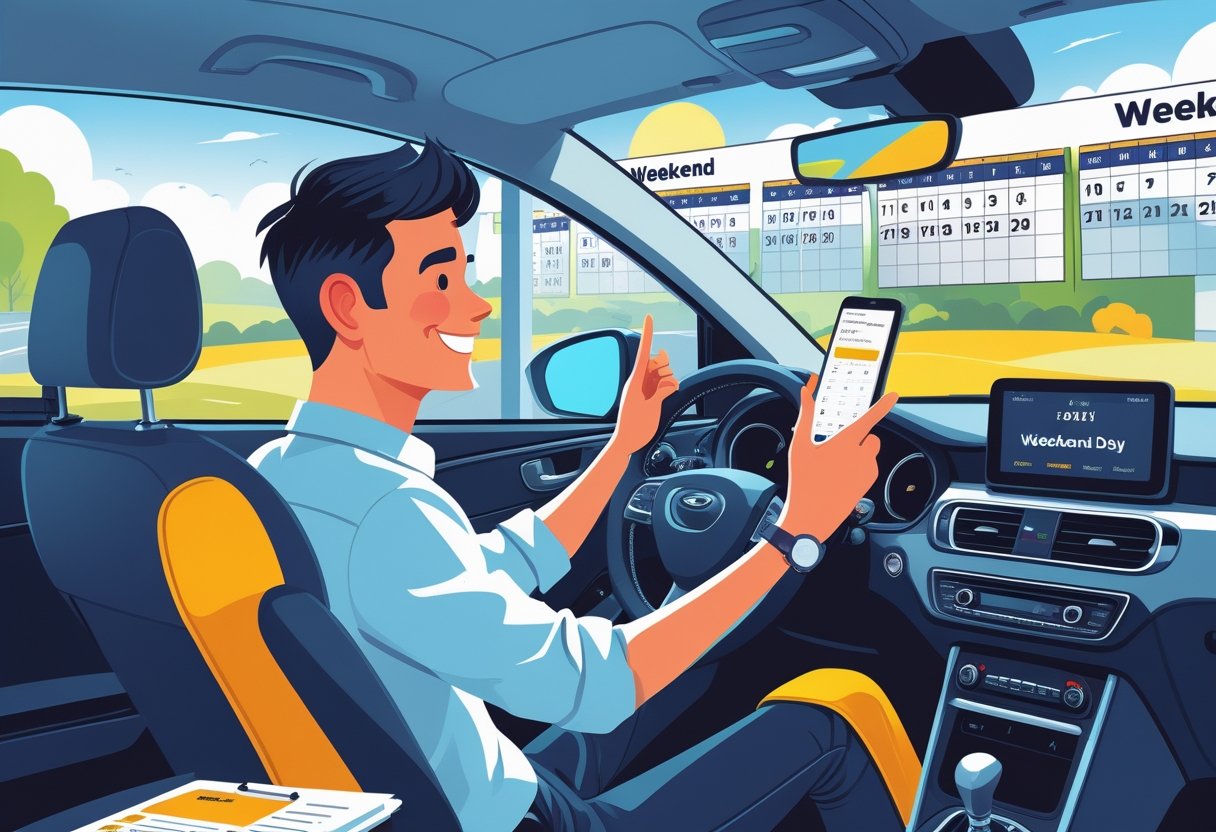 A learner driver booking an intensive driving course on a smartphone inside a driving school office, with an instructor pointing to a calendar showing weekend dates.