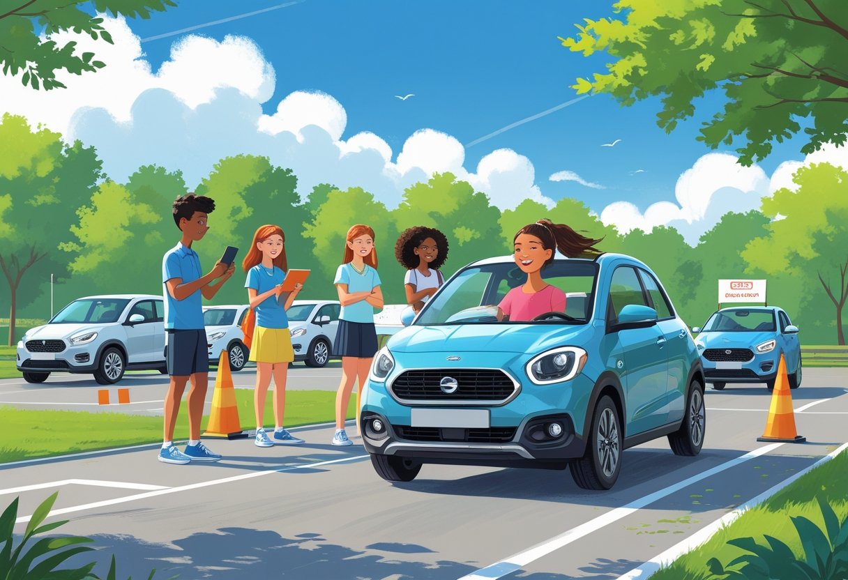 Teenage students and an instructor at a driving course outdoors on a sunny day, with a student learning to drive a car and others watching nearby.