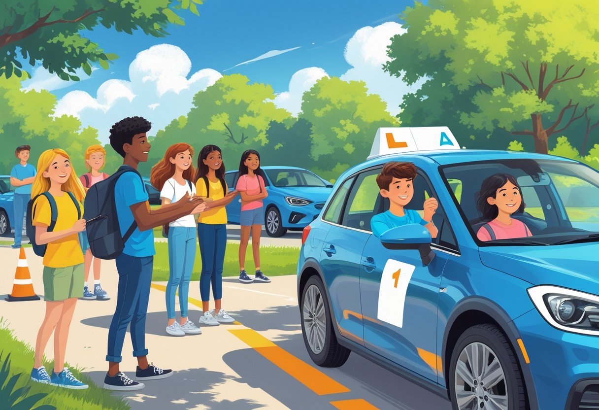 Teenage students learning to drive with an instructor in a sunny outdoor driving school setting during summer.