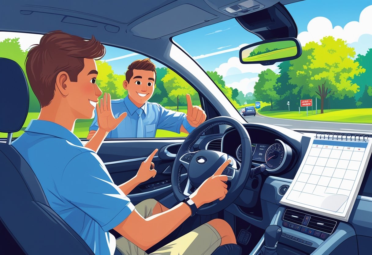 A teenage student in a car with a driving instructor on a sunny suburban street during summer, both focused on driving lessons.
