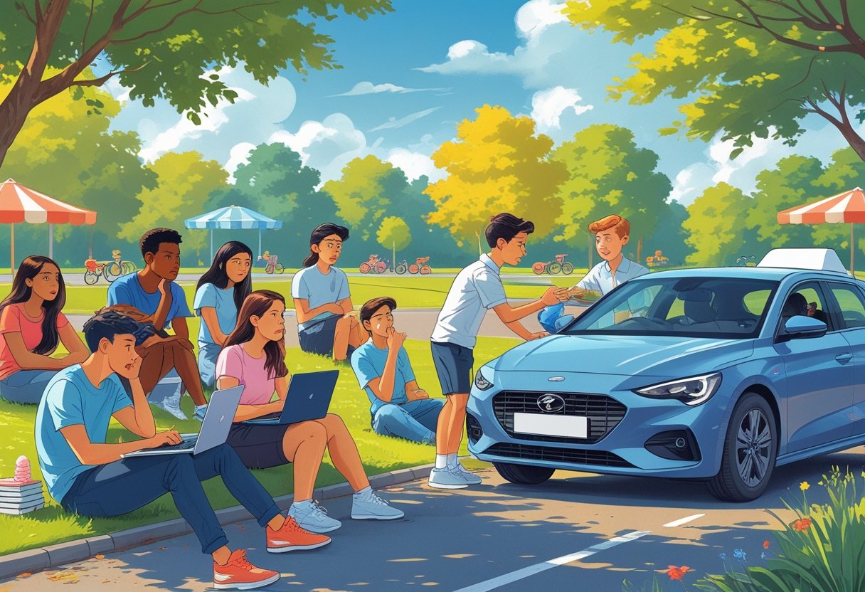 A group of students outdoors during summer break, some looking worried while others learn driving skills from an instructor beside a car in a sunny park.