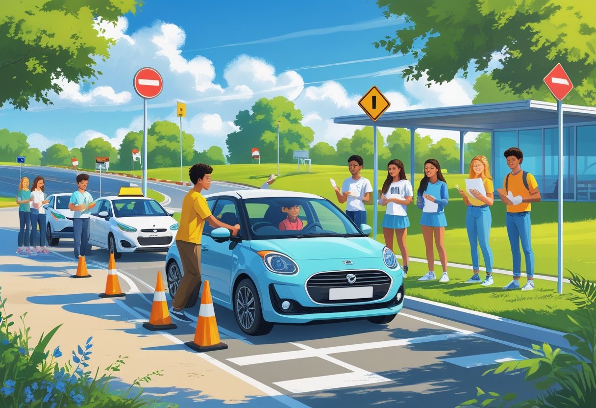 Teenage students learning to drive outdoors with an instructor in a car on a sunny day, surrounded by traffic cones and road signs.