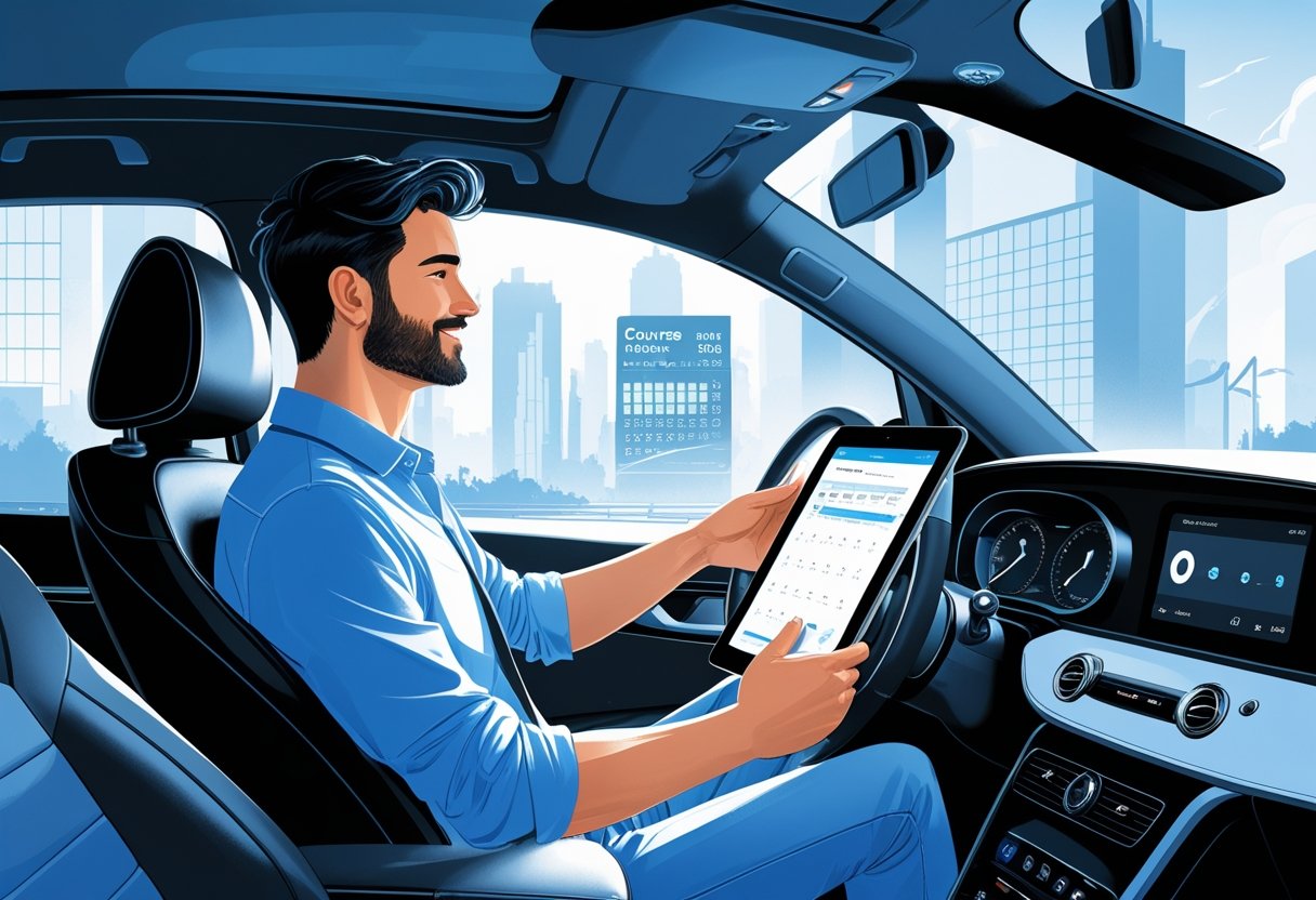 A person sitting in a car holding a tablet with a cityscape and clocks showing different times in the background.