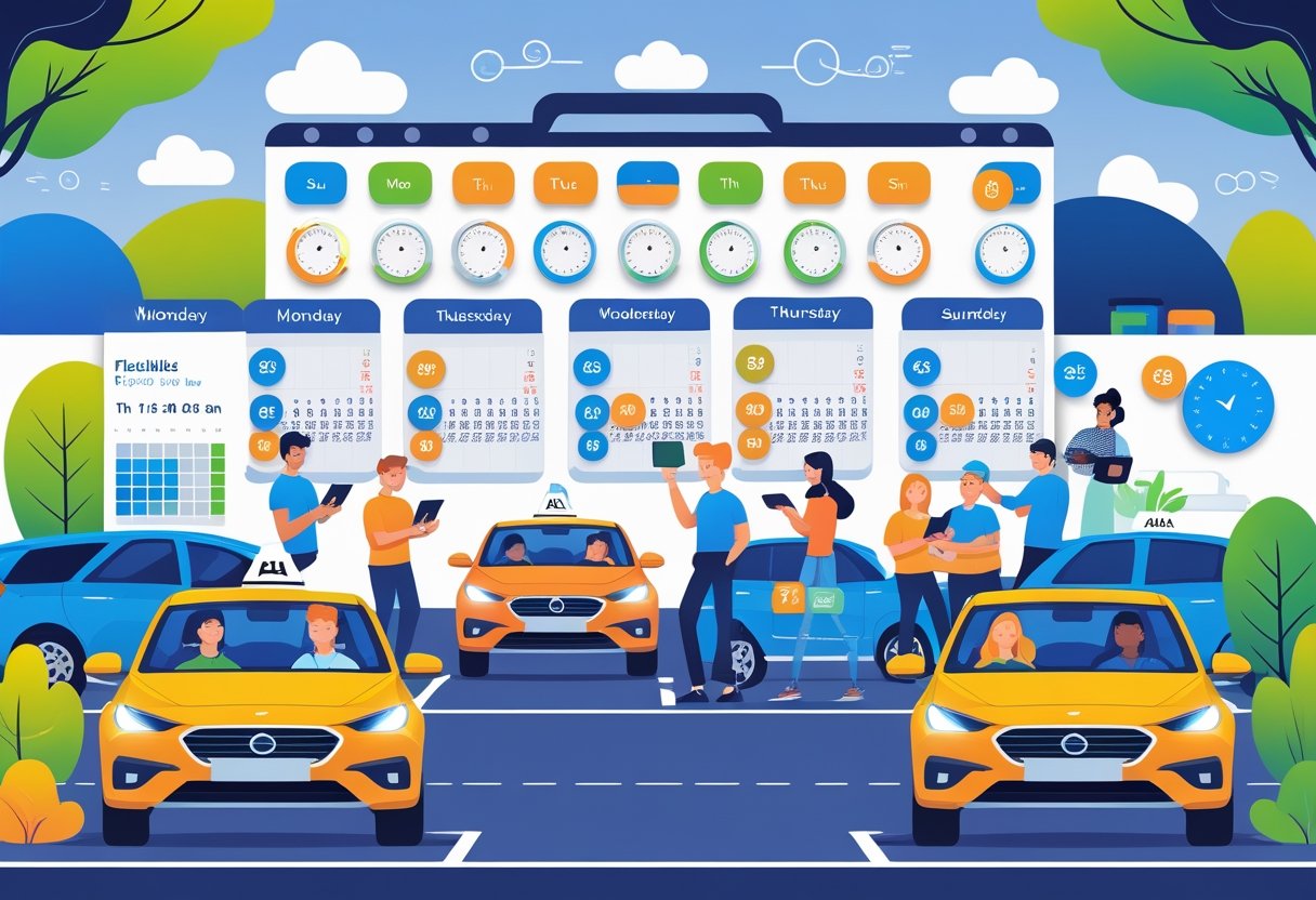 A group of freelancers learning to drive with an instructor in a driving school, showing flexible schedules and digital devices.