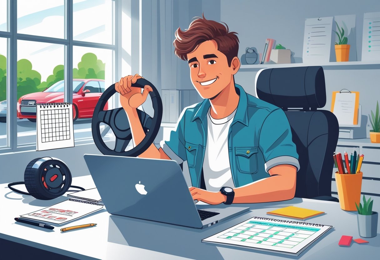 A young freelancer sitting at a desk with a laptop and driving course materials, looking focused in a bright home office with a car visible outside the window.