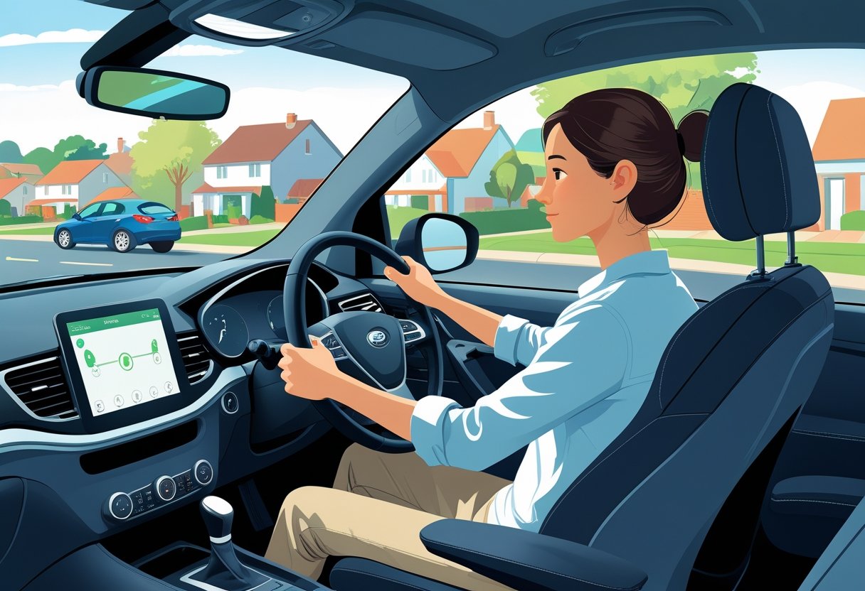 A parent driving a car with a child safely seated in the back, set in a suburban neighbourhood.