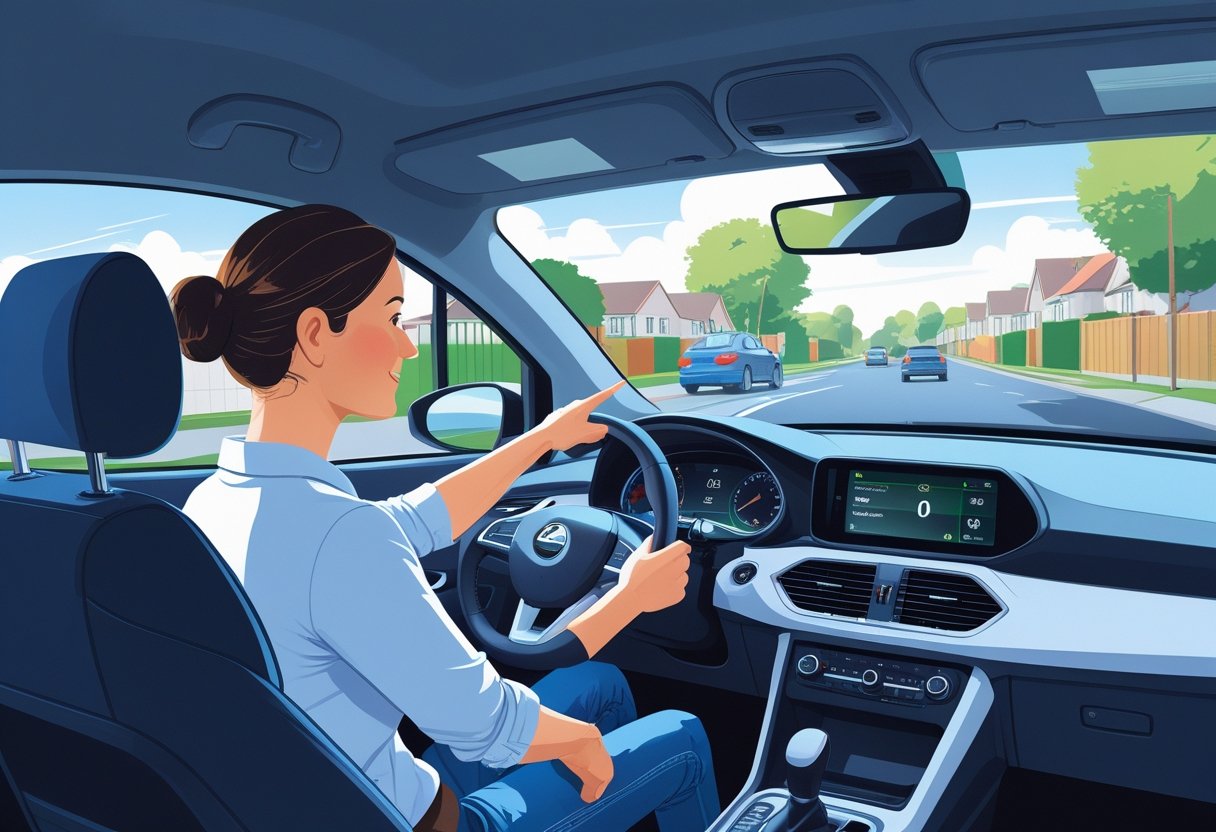 A parent learning to drive with an instructor inside a car, with a clock and calendar visible in the background.